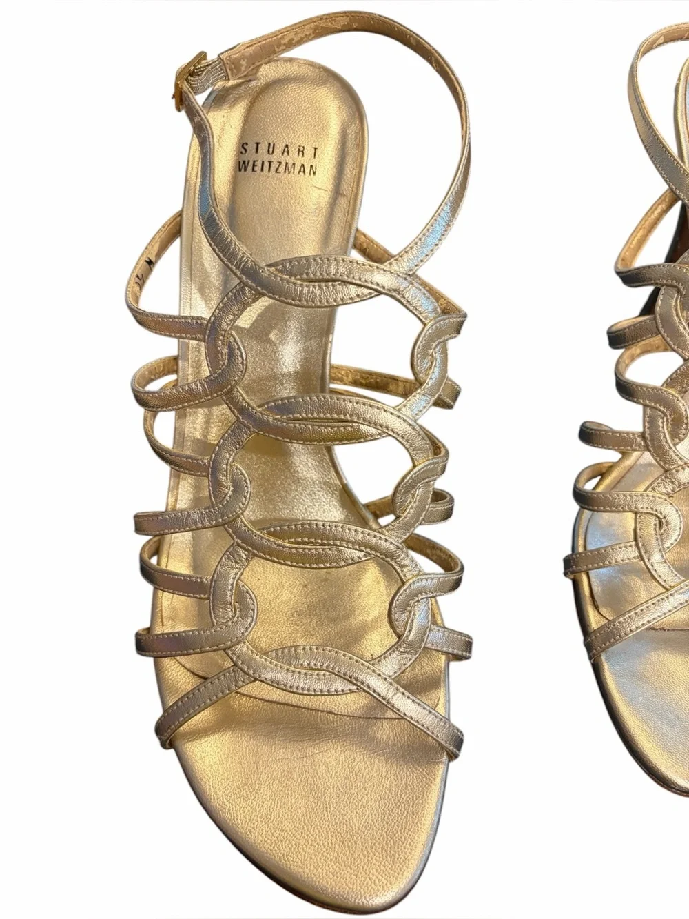 Stuart Weitzman Metallic Gold Multi-Strap stiletto Sandals with ankle wrap